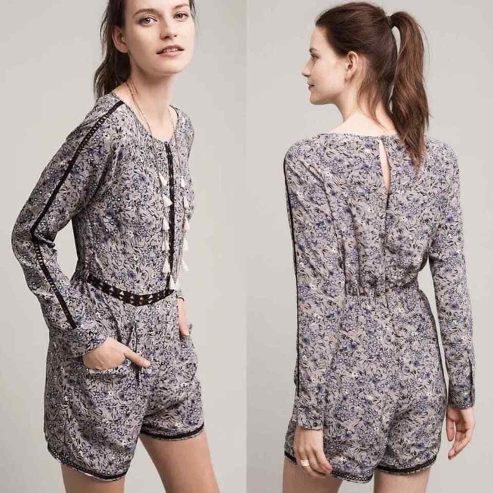 Anthropologie Ranna Gill Hettie Floral Long Sleeve Romper Blue